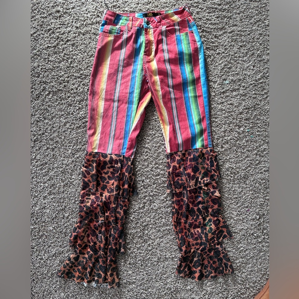 Lucky & Blessed L&B striped cheetah print bell bottom jeans size 6